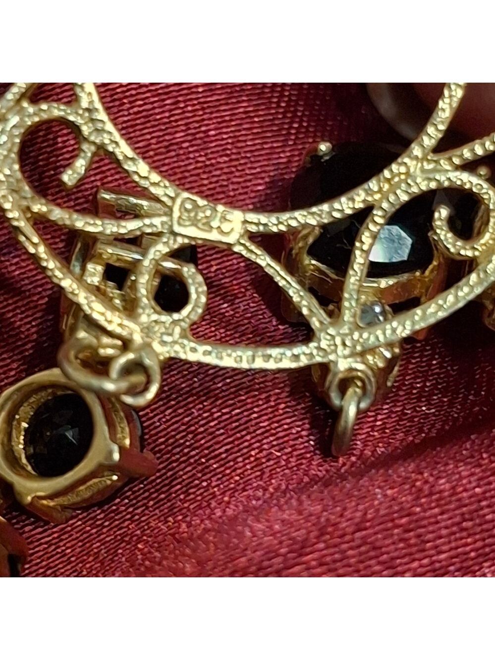 Gold Over Sterling Silver 925 and Black Amethyst and Diamond Dangle Earrings - Picture 6 of 9